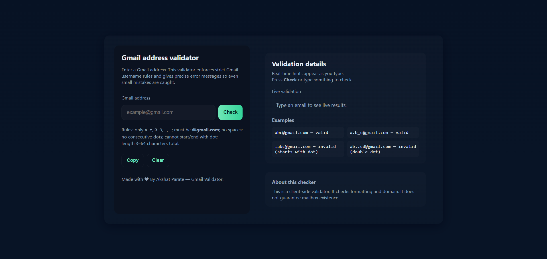 Akshat Parate Gmail Validator Website Project